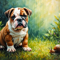 Bulldog Puppy Discovers Garden Snail On Rainy Day