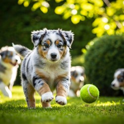 Australian Shepherd Puppy Catches Tennis Ball