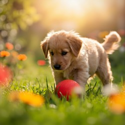 Golden Retriever Puppy Discovers A Giant Red Ball