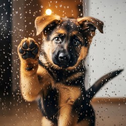 Confused German Shepherd Puppy Tilts Head At Glass Door