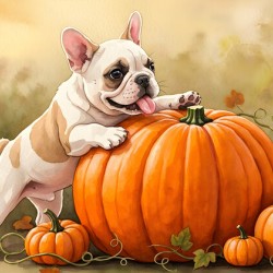 Happy French Bulldog Puppy Rests In Pumpkin Patch