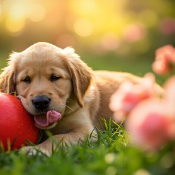 Exhausted Golden Retriever Puppy Rests Beside The Giant Ball