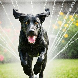 Wet German Shepherd Puppy Rests By Sprinkler Happily