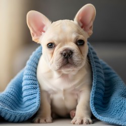 French Bulldog Puppy Snuggles With Favorite Blue Blanket