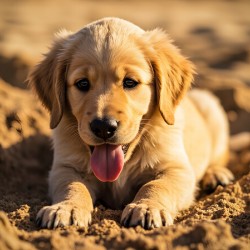 Happy Golden Retriever Puppy Sits In Ruins Of Destroyed Castle