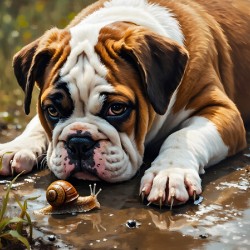 Protective Bulldog Puppy Shields Snail From Heavy Rain