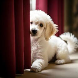 Poodle Puppy Plays Hide And Seek Behind Curtain