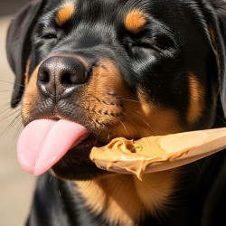 Happy Rottweiler Puppy After Tasty Discovery