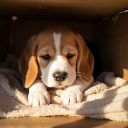 Beagle Puppy Listens From Hidden Box Fort