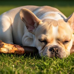 Tired French Bulldog Puppy Rests After Stick Chewing Session