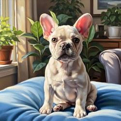 French Bulldog Puppy Sits Alert On Blue Cushion