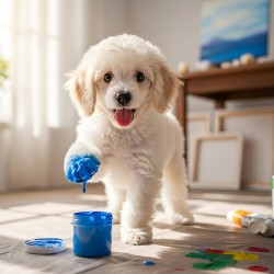 Poodle Puppy Discovers Colorful Paint Containers