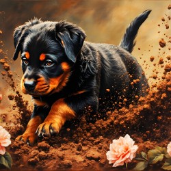 Happy Muddy Puppy Admires Digging Work