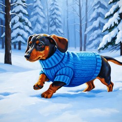 Dachshund Puppy Discovers Winter Snow In Red Sweater