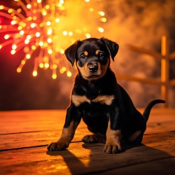 Rottweiler Puppy Watches First Fireworks Display
