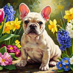 Happy French Bulldog Puppy Rests Among Spring Blooms