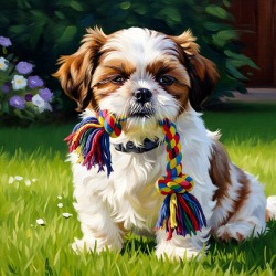 Shih Tzu Puppy Plays With Rope Toy In Garden