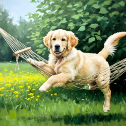 Golden Retriever Puppy Discovers Tiny Hammock In Garden