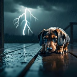 Dachshund Puppy Watches Storm From Covered Porch