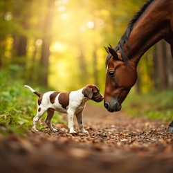 German Shorthaired Pointer Puppy Befriends Trail Horse