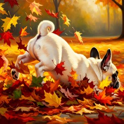 French Bulldog Puppy Discovers Autumn Leaf Pile