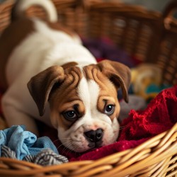 Bulldog Puppy Discovers The Laundry Basket