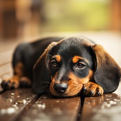 Happy Dachshund Puppy As Storm Clears With Rainbow