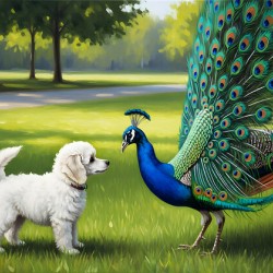 Peacock Displays Full Feather Fan For Amazed Puppy
