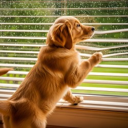 Golden Retriever Puppy Watches Rain Through Window