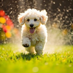 Poodle Puppy Discovers Garden Sprinkler