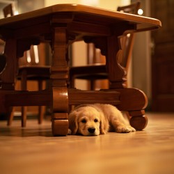 Curious Puppy Peeks From Behind Bookshelf