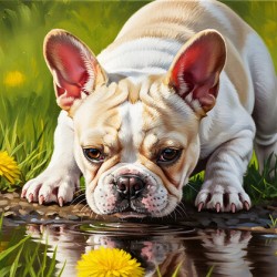 French Bulldog Puppy Discovers Reflection In Puddle