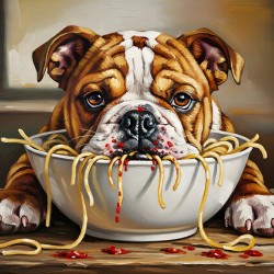 Bulldog Puppy Discovers Spaghetti Dinner