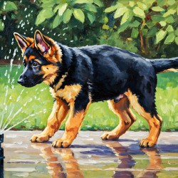 German Shepherd Puppy Discovers Backyard Sprinkler