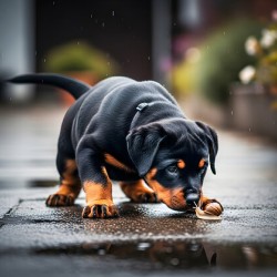 Rottweiler Puppy Discovers Garden Snail On Rainy Day
