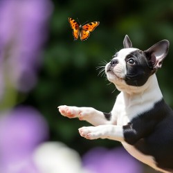 Boston Terrier Puppy Spots Butterfly In Garden