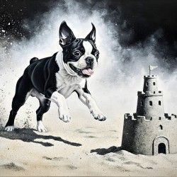 Boston Terrier Puppy Discovers Amazing Sand Castle