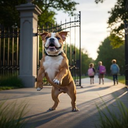 Bulldog Puppy Jumps With Joy At School Gate