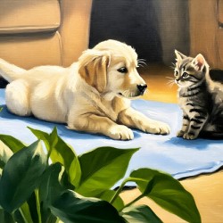 Golden Retriever Puppy Meets New Kitten Friend