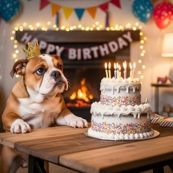 Bulldog Puppy With Golden Crown At Birthday Party