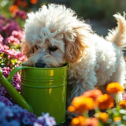 Free Poodle Puppy Sits By Overturned Watering Can