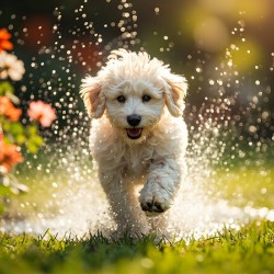 Tired Poodle Puppy Rests After Sprinkler Fun