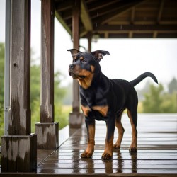 Joyful Rottweiler Puppy Wags Tail Under Porch