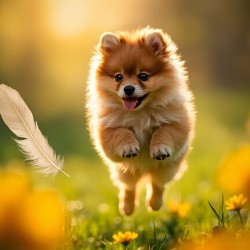 Feather Lands On Happy Pomeranian Puppy