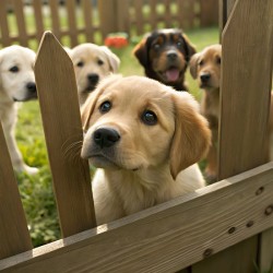 Curious Labrador Retriever Puppy Gazing Through Fence With Friends