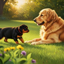 Rottweiler Puppy Meets Big Golden Friend In Garden