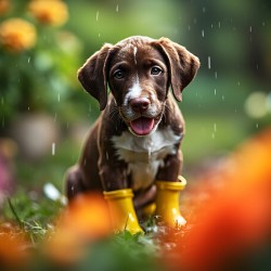 Happy German Shorthaired Pointer Puppy Rests In Rain