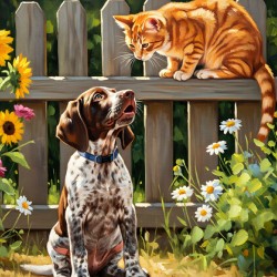 German Shorthaired Pointer Puppy Meets Garden Cat