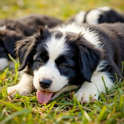 Happy Border Collie Puppy Rests After Playtime