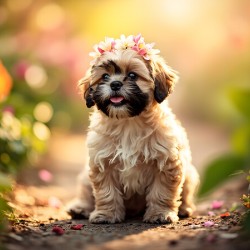 Shih Tzu Puppy Sits Proudly Wearing Flower Crown